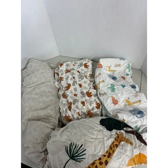 Lot of 4 Safari Jungle Animal‎ Print Fitted Crib Sheets Zebra Elephant Giraffe
