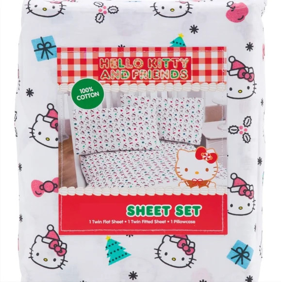 🆕️ SANRIO HELLO KITTY BOWS AND SANTA SHEET SET - TWIN