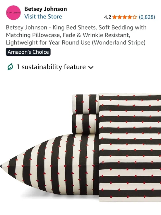 Betsey Johnson Black & White Stripe King Sheet Set with Red Heart Accents