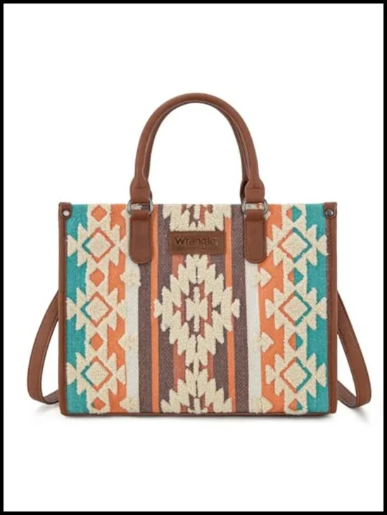 Chenille Tote Bag with Aztec Pattern Vegan Leather Crossbody