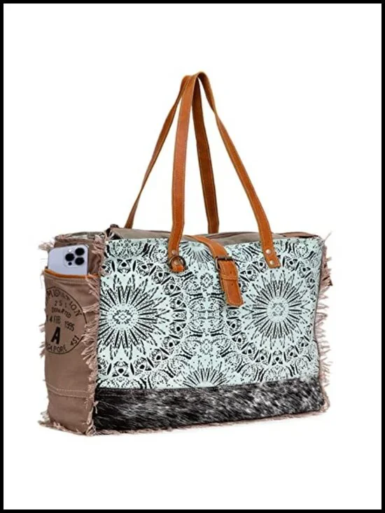 Large Canvas Tote Bag with Cowhide Hair On Leather