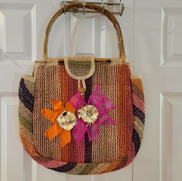 Vintage Bamboo Handle Woven Raffia Multi-color‎ Stripe Bag