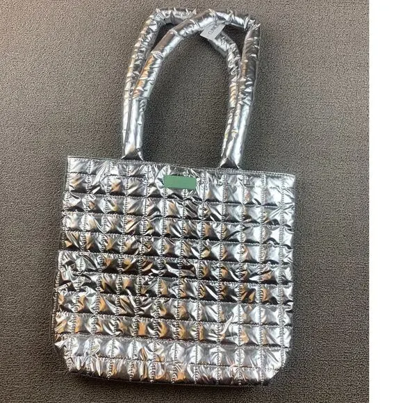 Clinique Women Small Silver Mint Green Puffer Quilted Tote Bag Cosmetic‎ Pouch