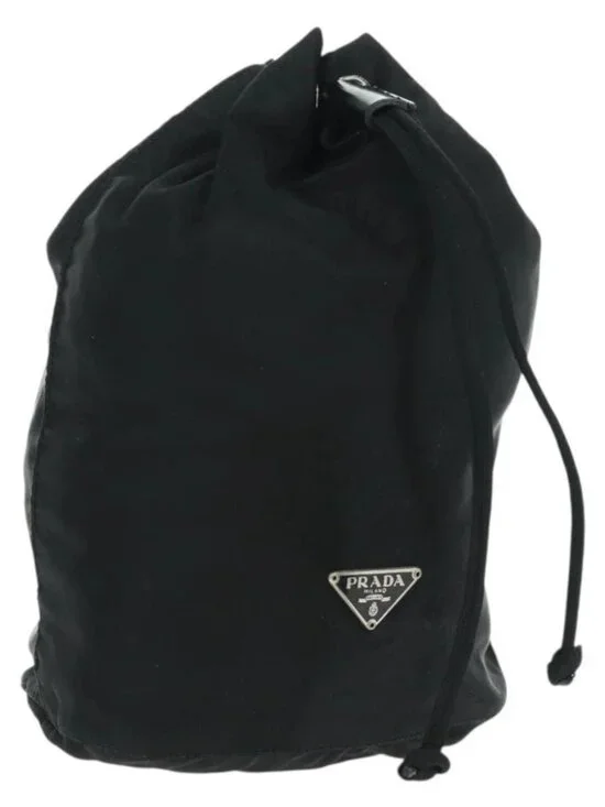 PRADA Drawstring Pouch Nylon Black Silver Auth 168451V