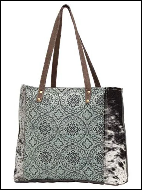 Genuine Leather and Canvas Floral Tote Bag with Hairon Cowhide