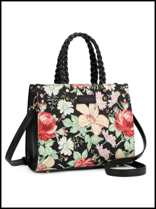 Floral Tote Bag with Braided Details and Adjustable Strap, Faux Leather