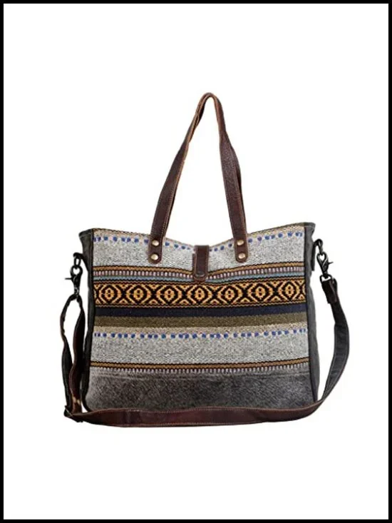Canvas Boho Purse with Real Leather Detailing, Aztec Pattern