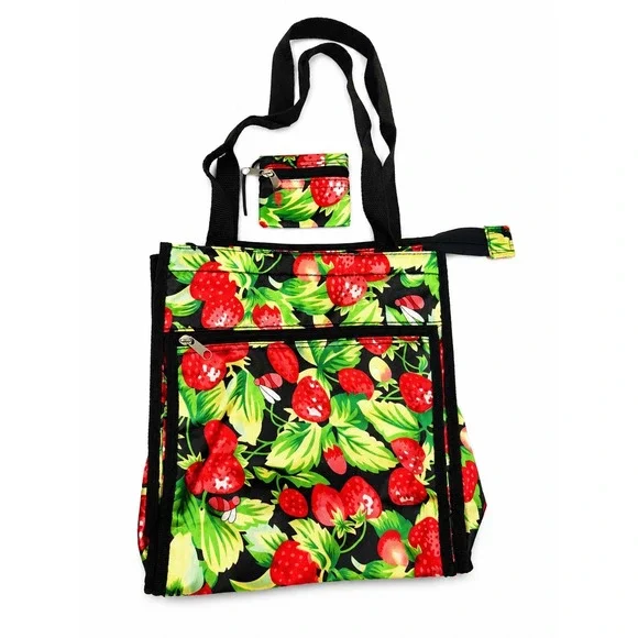 Vintage Y2K Strawberry Print Foldable Reusable Tote Shopping Bag with Coin Pouch