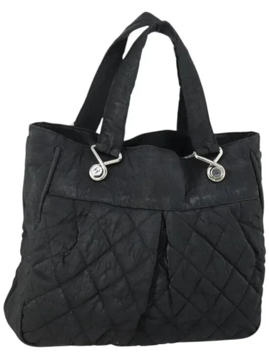 CHANEL Matelasse Tote Bag Coated Canvas Black Silver CC Auth 160260