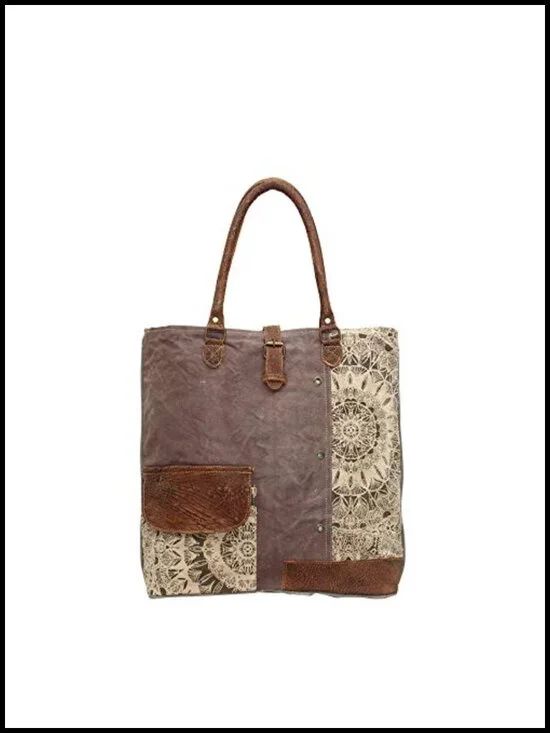 Canvas Boho Tote with Buffalo Leather Strap, Geometric Pattern