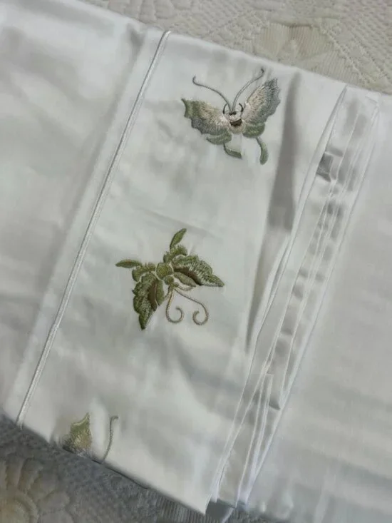 vintage Cuddledown queen sheetset: embroidered green butterflies