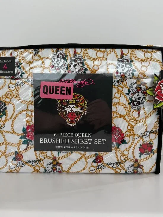 Ed Hardy 6-Piece QUEEN Brushed Sheet Set White Gold Chain Tattoo Skull Roses NWT