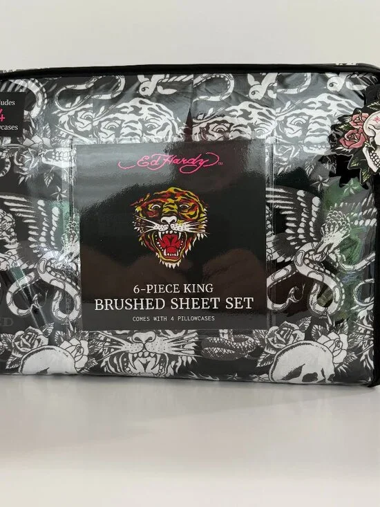 Ed Hardy King Sheet Set 6 Piece Double Brushed Black White Skull Tiger Tattoo