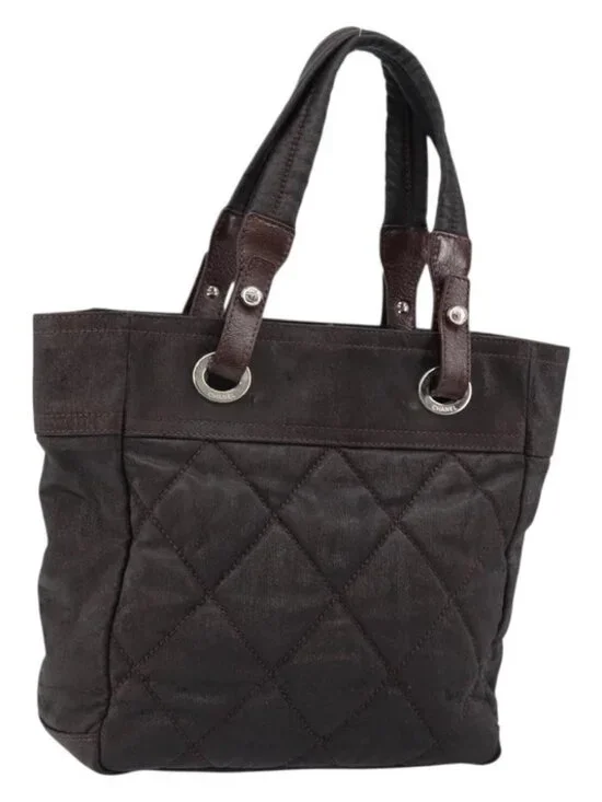 CHANEL Paris Biarritz Tote Bag Coated Canvas Dark Brown Silver CC Auth bs29897