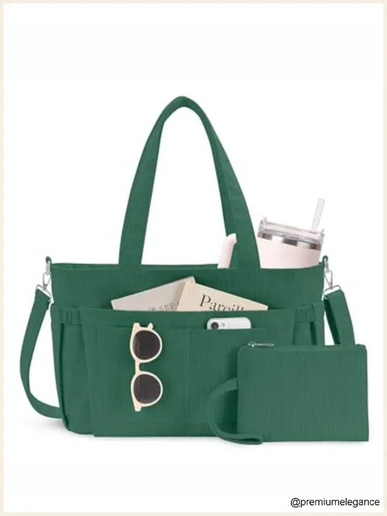 Corduroy Tote Bag with 9 Pockets and 40oz Cup Holder, Laptop Work Purse for