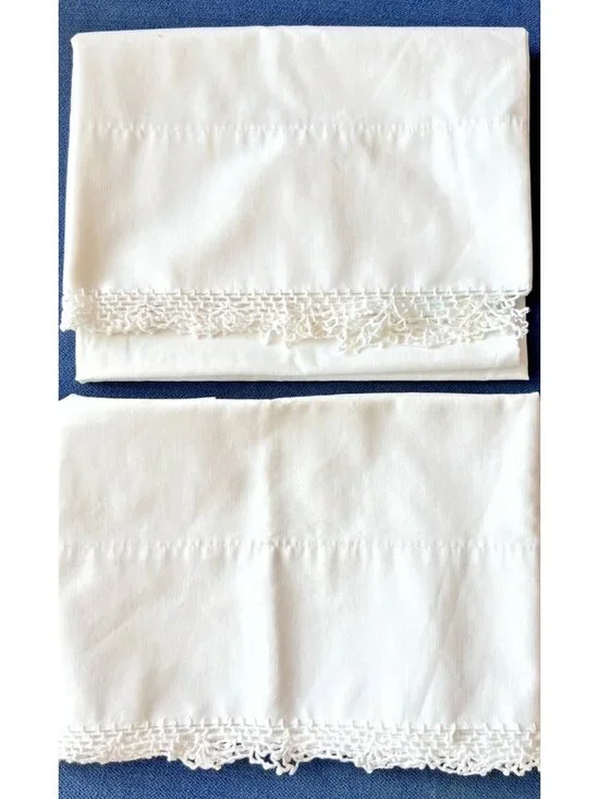 Vintage White Pillowcase PAIR Hand-Crocheted Lace Trim 30