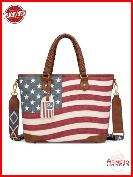 Vintage Patriotic Tote Bag with Braided Handles and Woven Crossbody Strap