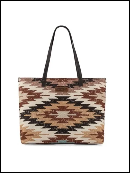 Aztec Print Canvas Tote Bag with Leather Handles for Work & Travel