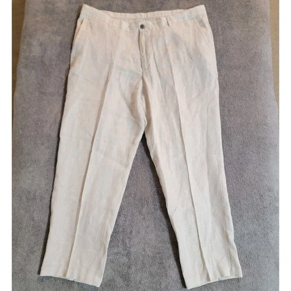 Tasso Elba Island Pants Men's XL 38x30 100% Linen Flat Front Beige Slack