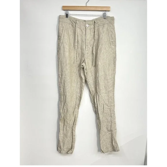 100% Linen Pants Mens 34x34 Drawstring Straight Leg Beige Costal Joseph & Feiss
