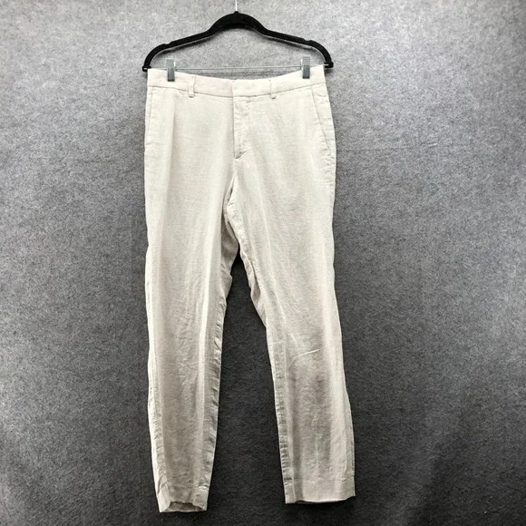 H&M Slim Fit Linen Trousers Mens 32R Beige Flat Front Casual Summer Beach Pants
