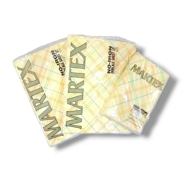 Vintage MARTEX Full Size No-Iron Percale 2-Flat Sheets 1-Pillowcase Yellow Plaid