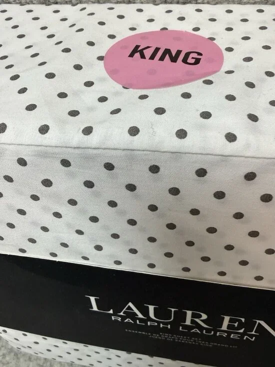 Ralph Lauren King Size Gray Polka Dot 100% Cotton Sheet Set (white background)