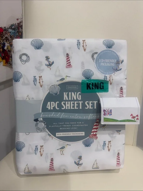 Envogue King Bed Sheet Set in White with Blue and Red Nautical Motifs