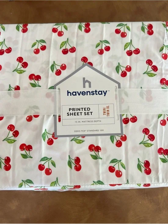 Twin XL 3 -piece sheet set ; Cherry Print by havenstay; White and Red, New