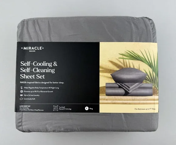Miracle Made King Luxe Sateen Sheet Set Self-Cooling Self-Cleaning Gray 4pc