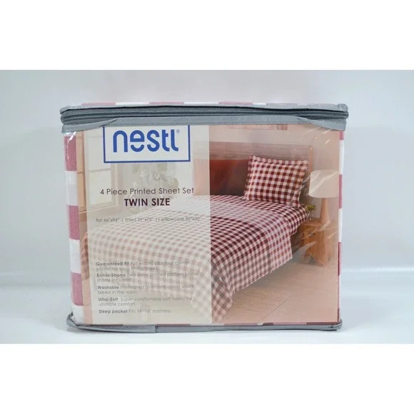 Nestl Extra Deep Pocket Twin Size Sheets Ultra Soft 4-Piece Set Red White Check‎
