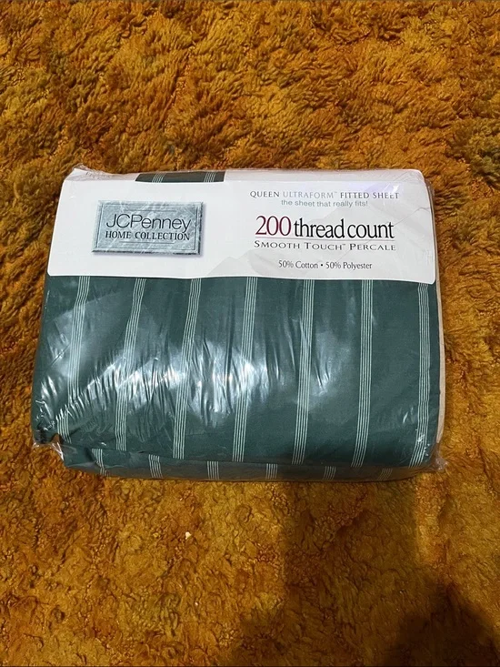 jcpenney Green Striped Fitted Sheet - Queen