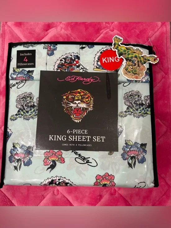 Ed Hardy 6-Piece King Sheet Set - Light Blue Floral & Tiger Print