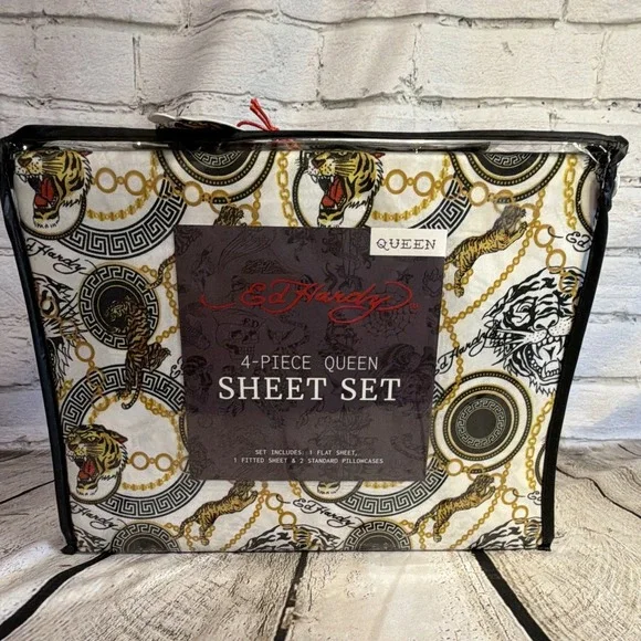 Ed Hardy Queen 4pc Sheet Set Love Kills Slowly Chains Flowers Multicolored NWT
