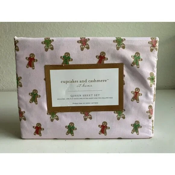 Cupcakes & Cashmere‎ QUEEN SIZE Pink Gingerbread Cookie Christmas Sheet Set NEW