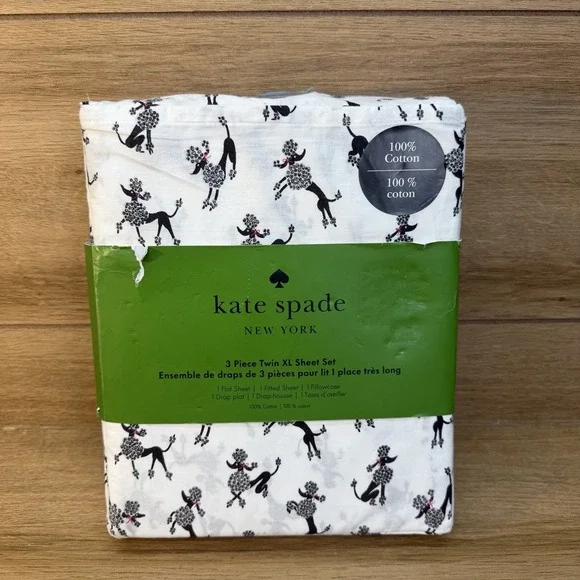 Kate Spade New York 3 Piece Twin XL Sheet Set Dancing Poodles Dog Cotton New
