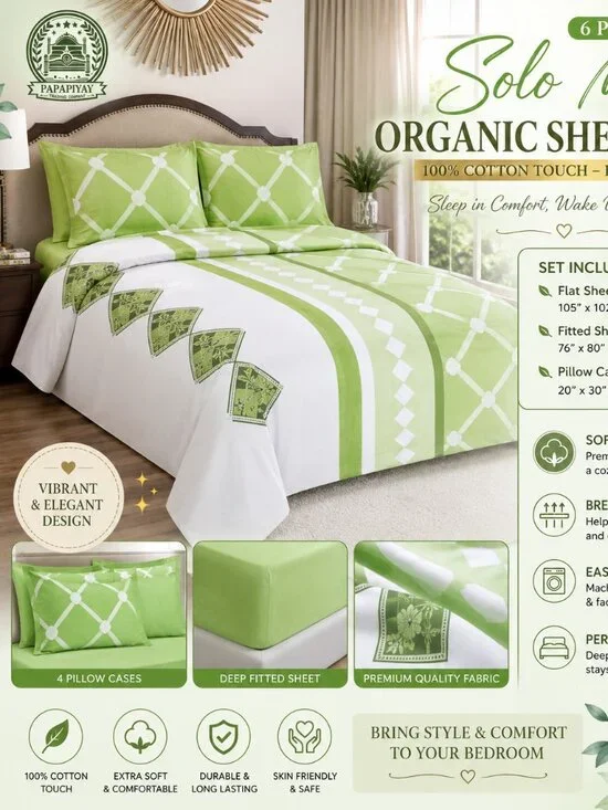 Solo Mio Organic Six-Piece Bamboo Sheet Set Green & White