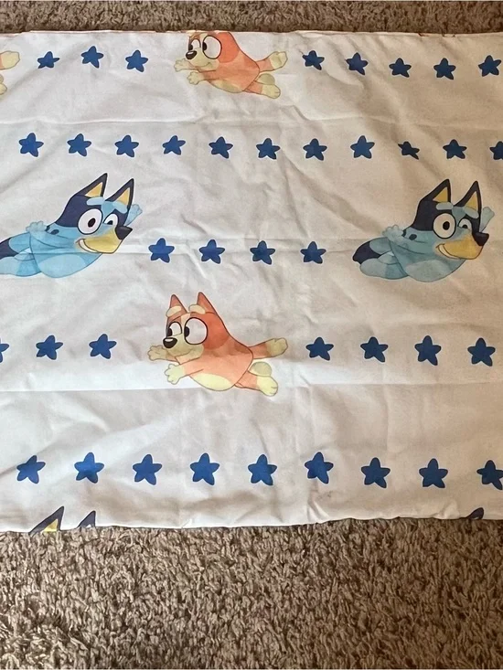 TWIN Bluey & Bingo Star Print Kids sheet set with two pillowcases.