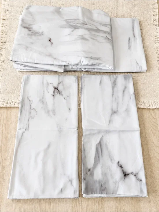 Marble-Print Bedding Set - White & Gray
