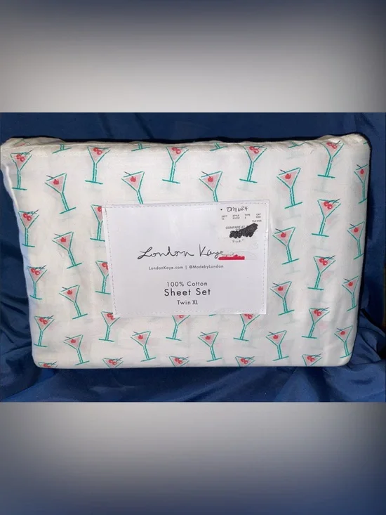London Kaye Twin XL 100% Cotton Sheet Set - Martini Print White with Teal & Pink