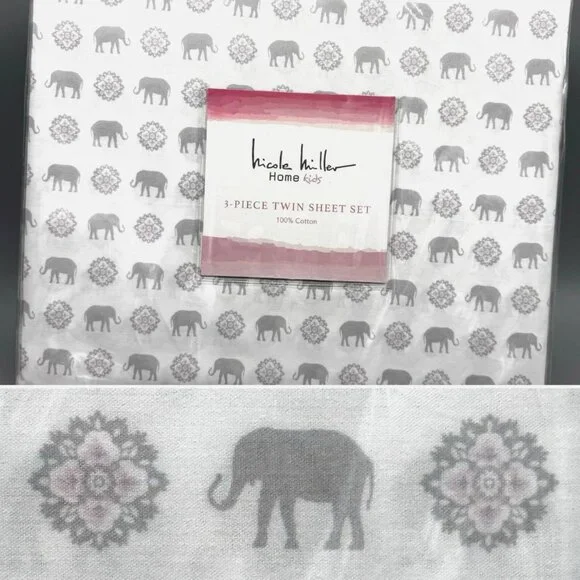 Nicole Miller Kids Moroccan Elephant TWIN Medallion Sheet Set Pink Gray Cotton