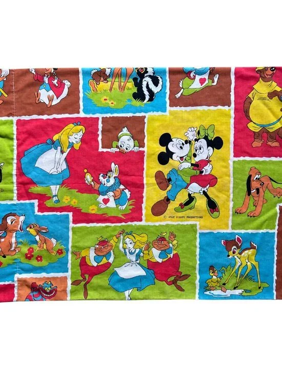 Vintage Disney Pillowcase featuring Alice, Robin Hood, Mickey, Donald, Bambi, Ch