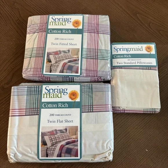 Vintage Springmaid Cotton Rich Twin Flat Sheet NEW Scotts Plaid Pink Green‎