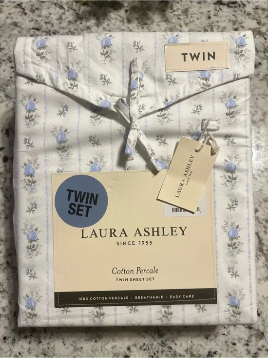 Laura Ashley Sweet Buds Blue Floral Cotton Percale Twin Sheet Set