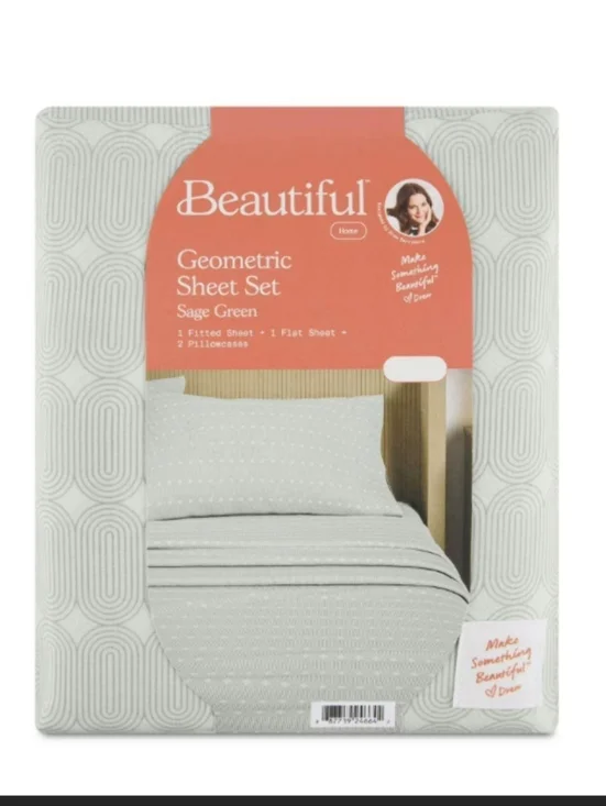 Beautiful Drew Barrymore Full Size 4 Pc Geometric Sheet Set Sage Green