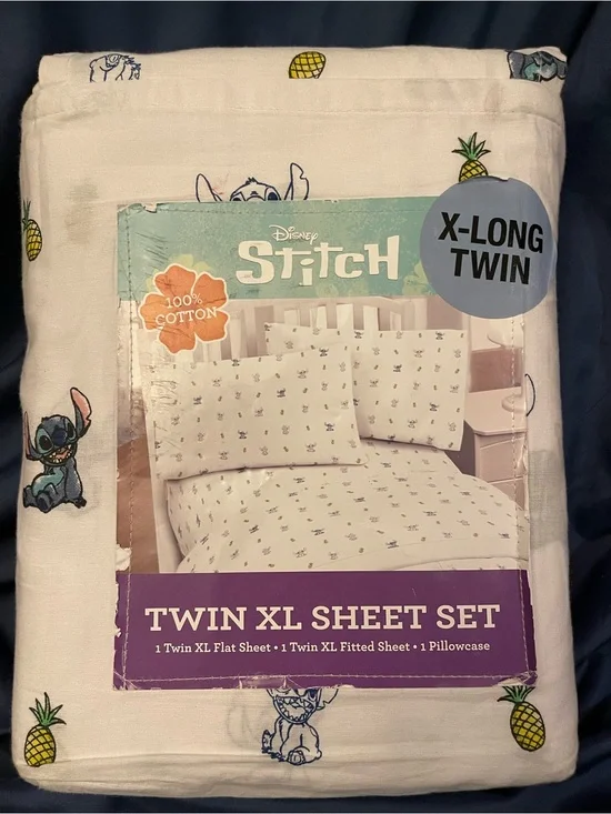 Disney Stitch Twin XL Sheet Set - White with Blue Stitch & Yellow Pineapple