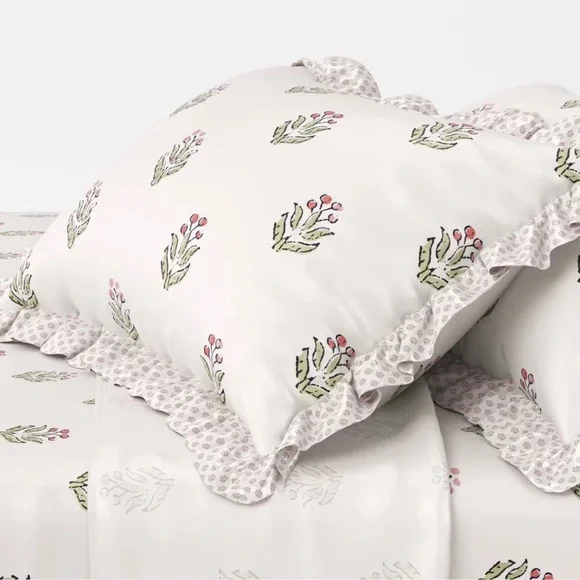 Studio McGee Threshold FULL Teen Block Print 4pc Ruffle Sheet Set Pink/Cream NEW