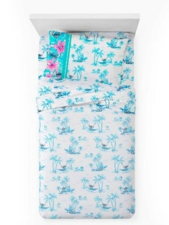 Disney Stitch Tropical Palm Twin Sheet Set - White, Turquoise & Pink Accents