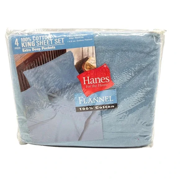 Hanes 2001 King Sheet Set 100% Cotton Flannel Blue Extra Deep Pockets NEW