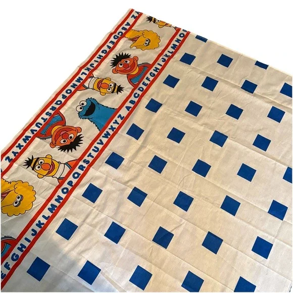 VTG Sesame Street Twin Size Flat Sheet Characters ABCs Blue Checkers Classic
